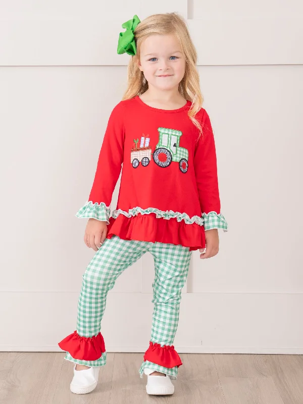 Red & Green Gingham Embroidered Holiday Train Ruffle Outfit