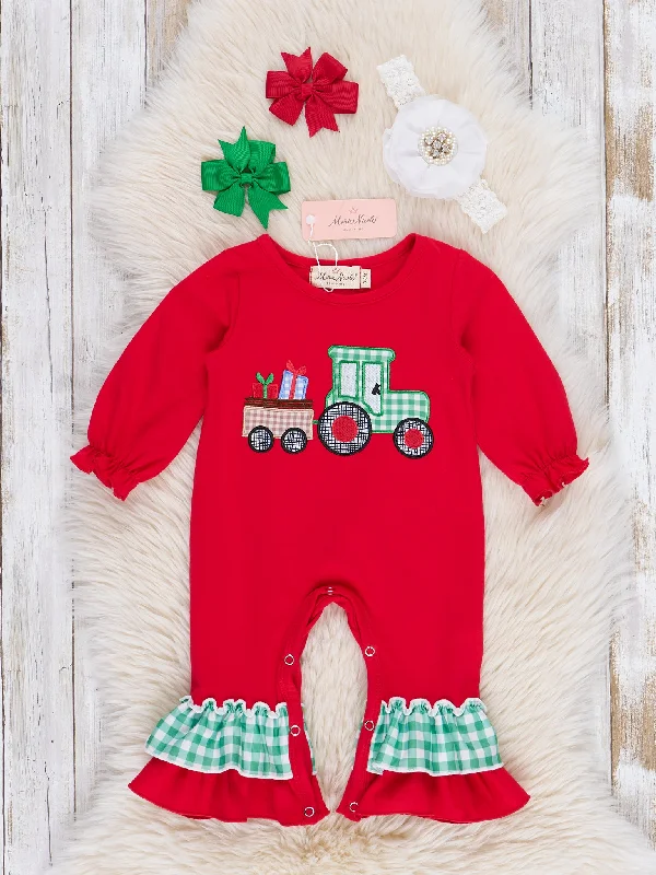 Red & Green Gingham Embroidered Holiday Train Ruffle Romper