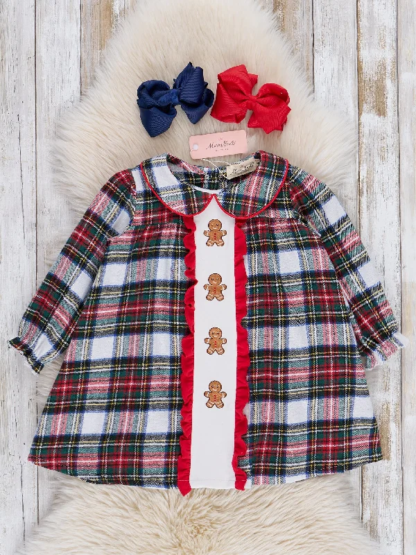 Red & Green Plaid Embroidered Gingerbread Ruffle Dress