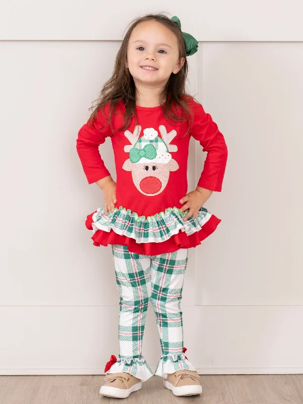 Red & Green Plaid Reindeer Ruffle Outfit