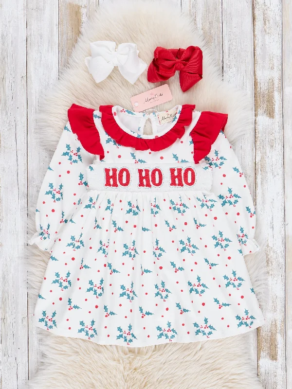 Red & Green Smocked "Ho Ho Ho" Ruffle Dress