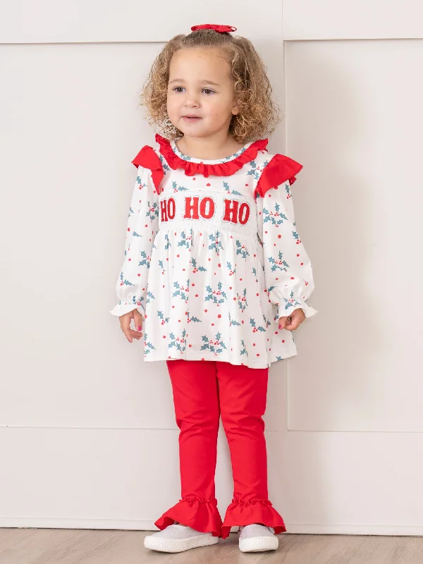 Red & Green Smocked "Ho Ho Ho" Ruffle Outfit