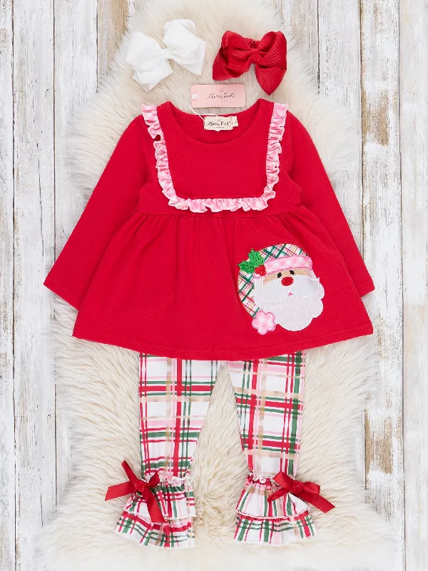 Red Plaid Embroidered Santa Ruffle Outfit