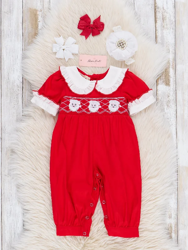 Red Smocked Santa Lace Trim Romper