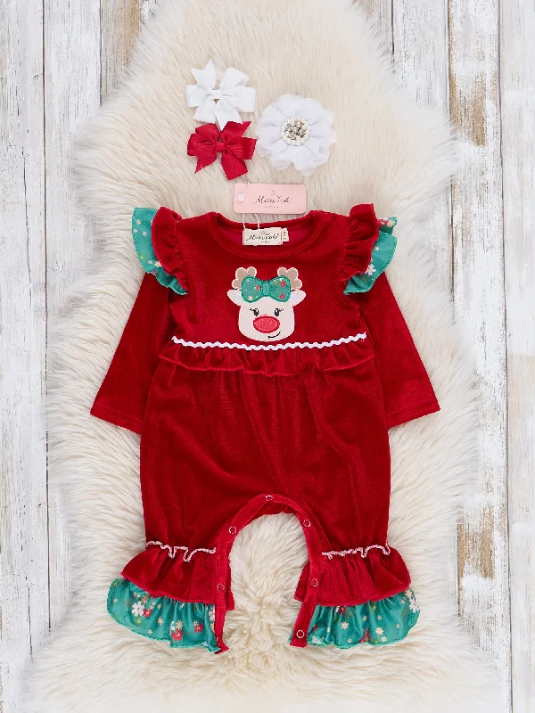 Red Velvet Reindeer Ruffle Romper