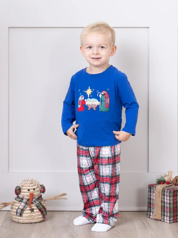 Royal Blue & Red Plaid Embroidered Nativity Outfit