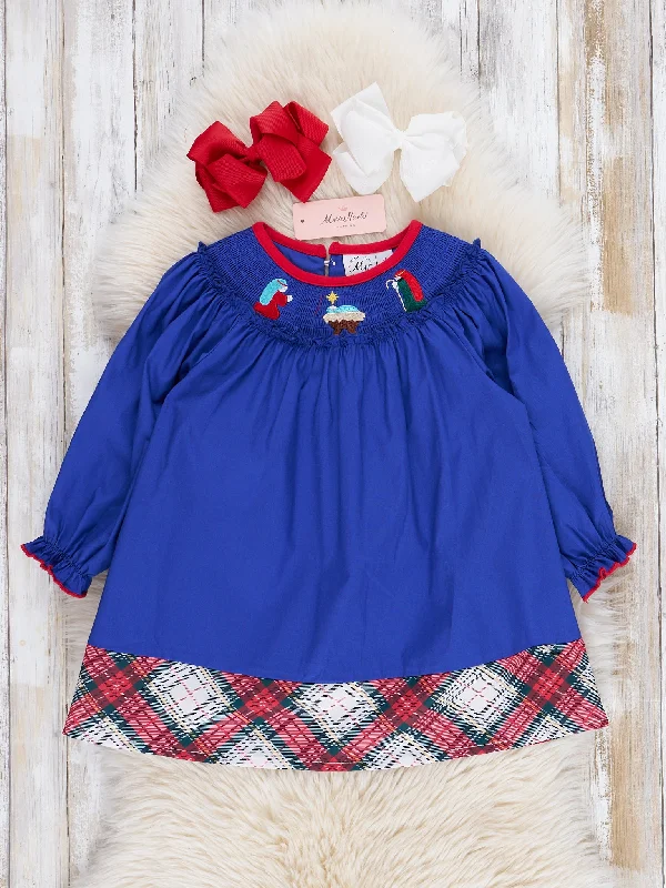 Royal Blue & Red Plaid Smocked Nativity Dress