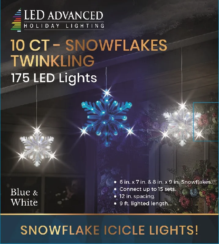 (Blue & Pure White) Set of 10 Blue and Pure White Twinkling LED Snowflakes