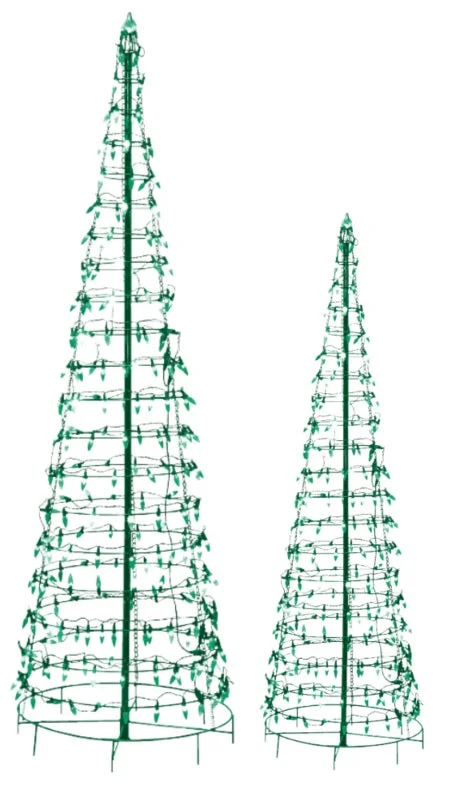 Set of 2 Wire Cone Trees with Green Twinkling LED Lights