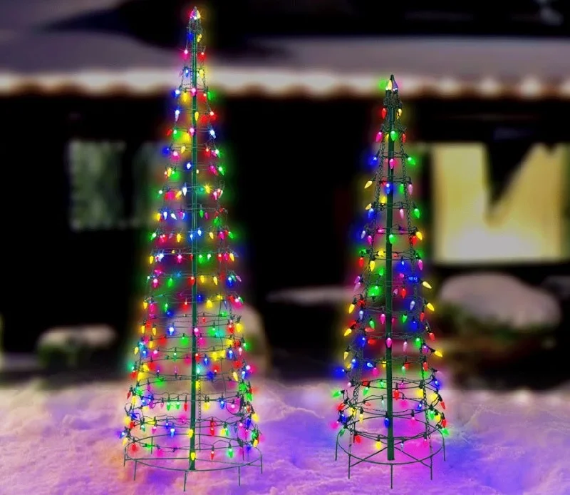 Set of 2 Wire Cone Trees with Multi-Colored Twinkling LED Lights