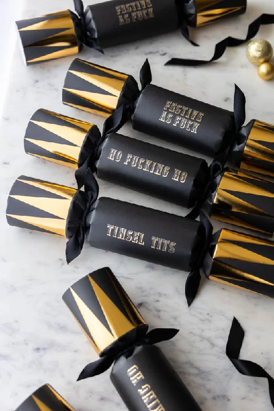 Set Of 6 Gold & Black Sweary Christmas Crackers