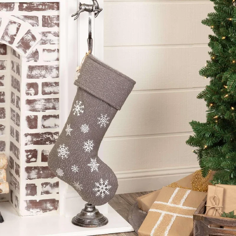 Snowflake Burlap Grey Stocking 12x20 VHC Brands