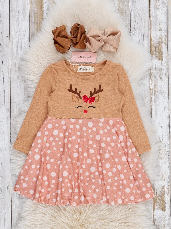 Tan Reindeer Freckles Ruffle Dress