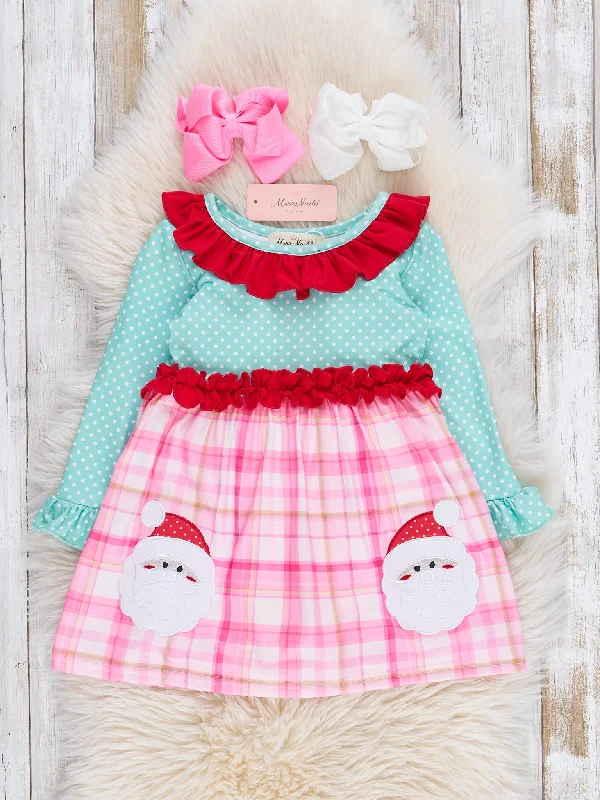 Teal Dots & Pink Plaid Santa Ruffle Dress