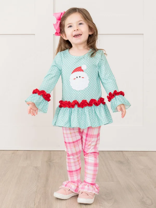 Teal Dots & Pink Plaid Santa Ruffle Outfit