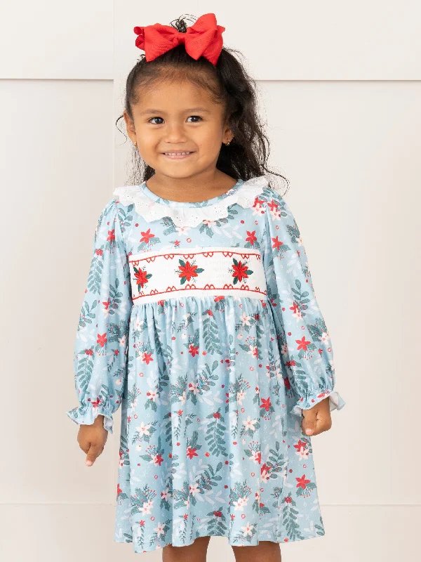 Teal Smocked Poinsettias Dress