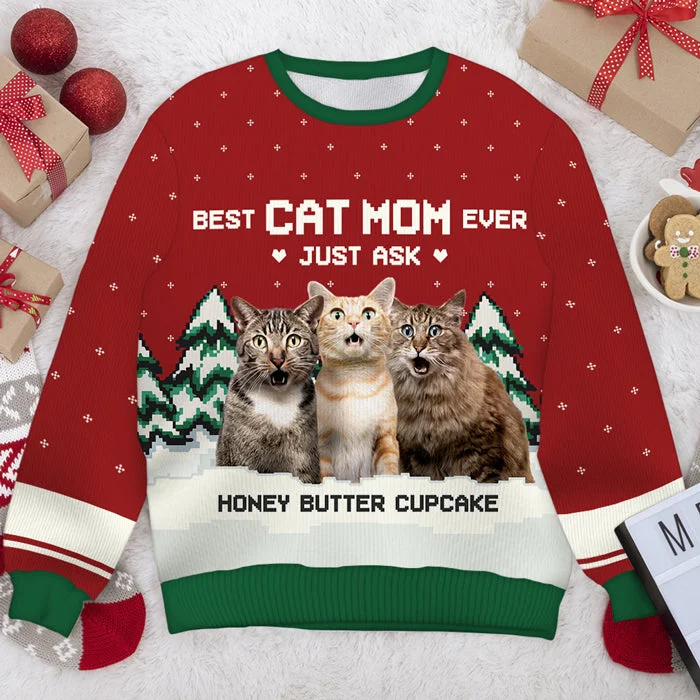 Best Cat Mom Ever, Just Ask - Personalized Custom Unisex Ugly Christmas Sweatshirt, Wool Sweatshirt, All-Over-Print Sweatshirt - Upload Image, Gift For Pet Lovers, Christmas Gift