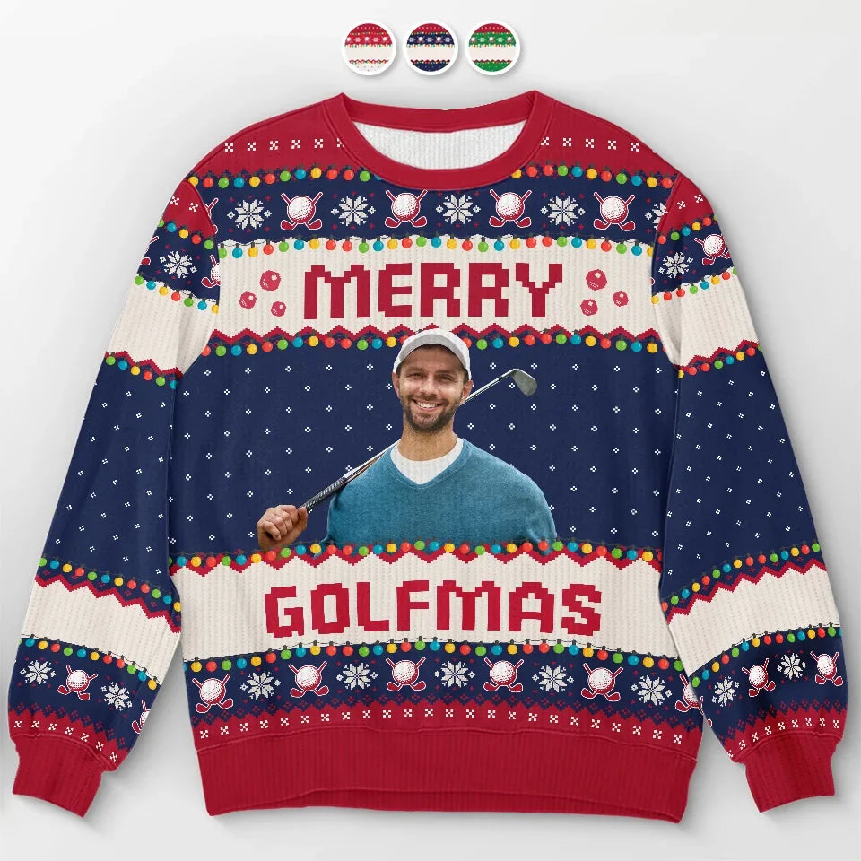 Custom Photo Wishing You Birdies And Holiday Cheer - Sport Personalized Custom Ugly Sweatshirt - Unisex Wool Jumper - Christmas Gift For Golf Players, Golf Lovers