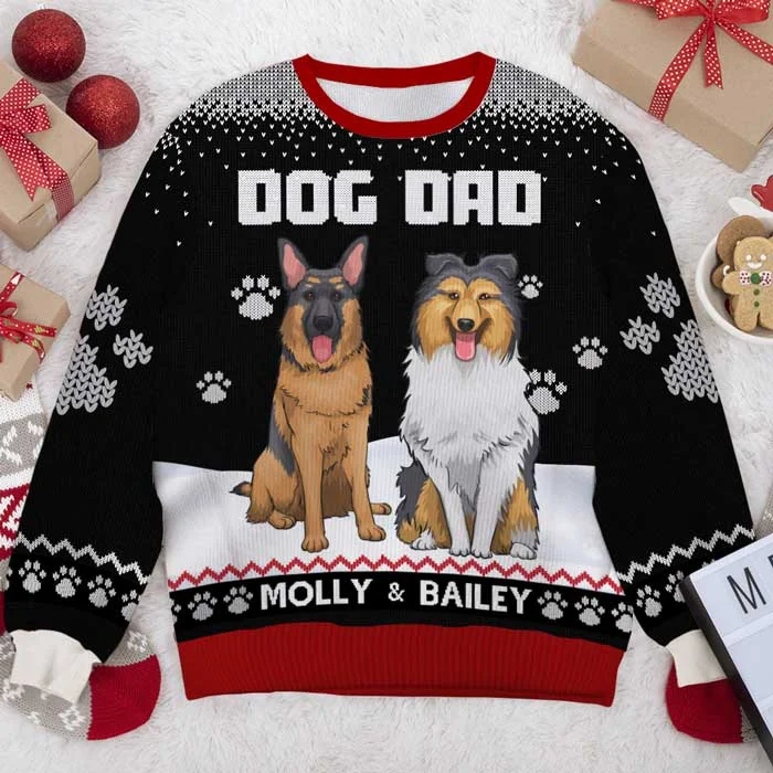 Happy Woofmas To The Best Dog Dad - Personalized Custom Unisex Ugly Christmas Sweatshirt, Wool Sweatshirt, All-Over-Print Sweatshirt - Gift For Dog Lovers, Pet Lovers, Christmas Gift