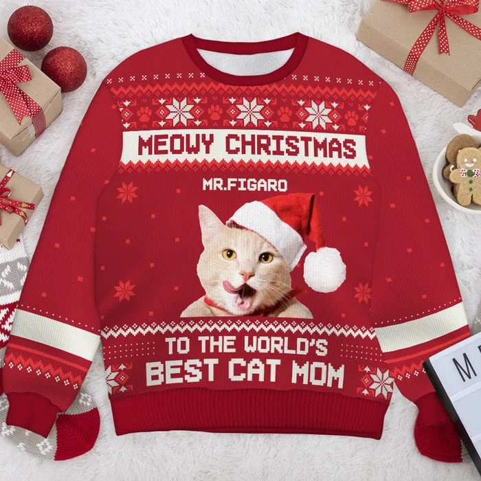 Meowy Christmas To The Best Cat Dad Cat Mom - Personalized Custom Unisex Ugly Christmas Sweatshirt, Wool Sweatshirt, All-Over-Print Sweatshirt - Upload Image, Gift For Cat Lovers, Pet Lovers, Christmas Gift