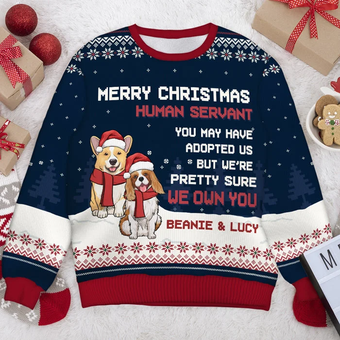 Merry Christmas Human Servant - Personalized Custom Unisex Ugly Christmas Sweatshirt, Wool Sweatshirt, All-Over-Print Sweatshirt - Gift For Dog Lovers, Pet Lovers, Christmas Gift