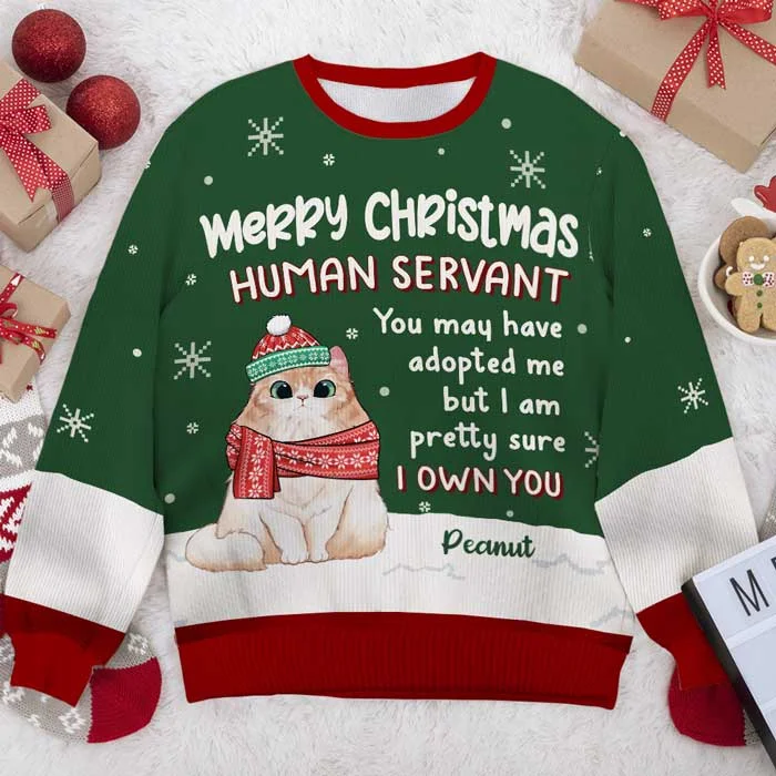 Merry Christmas Human Servant - Personalized Custom Unisex Ugly Christmas Sweatshirt, Wool Sweatshirt, All-Over-Print Sweatshirt - Gift For Cat Lovers, Pet Lovers, Christmas Gift