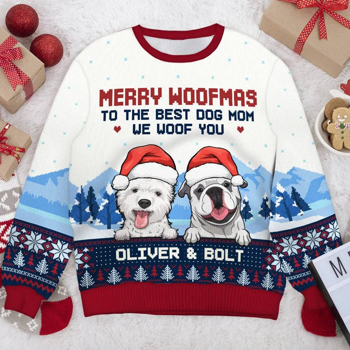 Merry Woofmas To The Best Dog Dad & Dog Mom - Personalized Custom Unisex Ugly Christmas Sweatshirt, Wool Sweatshirt, All-Over-Print Sweatshirt - Gift For Dog Lovers, Pet Lovers, Christmas Gift