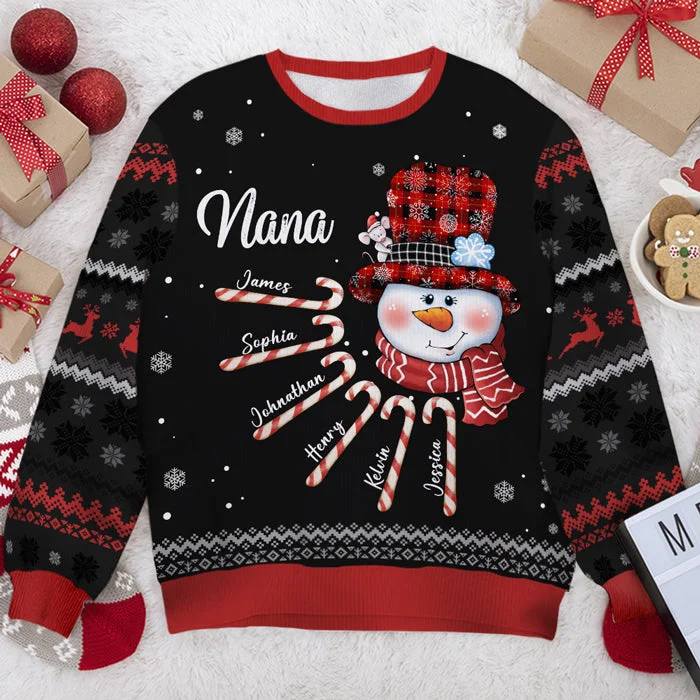 Nana Snowman Candy Cane - Personalized Custom Unisex Ugly Christmas Sweatshirt, Wool Sweatshirt, All-Over-Print Sweatshirt -  Gift For Grandma, Grandparents, Christmas Gift