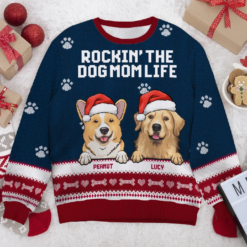 Rockin' The Dog Mom Life - Personalized Custom Unisex Ugly Christmas Sweatshirt, Wool Sweatshirt, All-Over-Print Sweatshirt - Gift For Dog Lovers, Pet Lovers, Christmas Gift