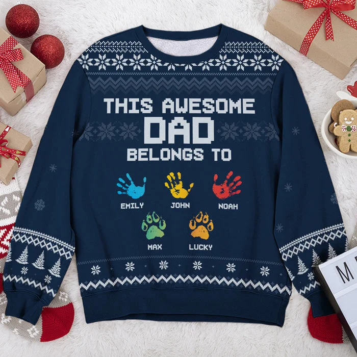 This Awesome Dad Belongs To - Personalized Custom Unisex Ugly Christmas Sweatshirt, Wool Sweatshirt, All-Over-Print Sweatshirt -  Gift For Dad, Christmas Gift