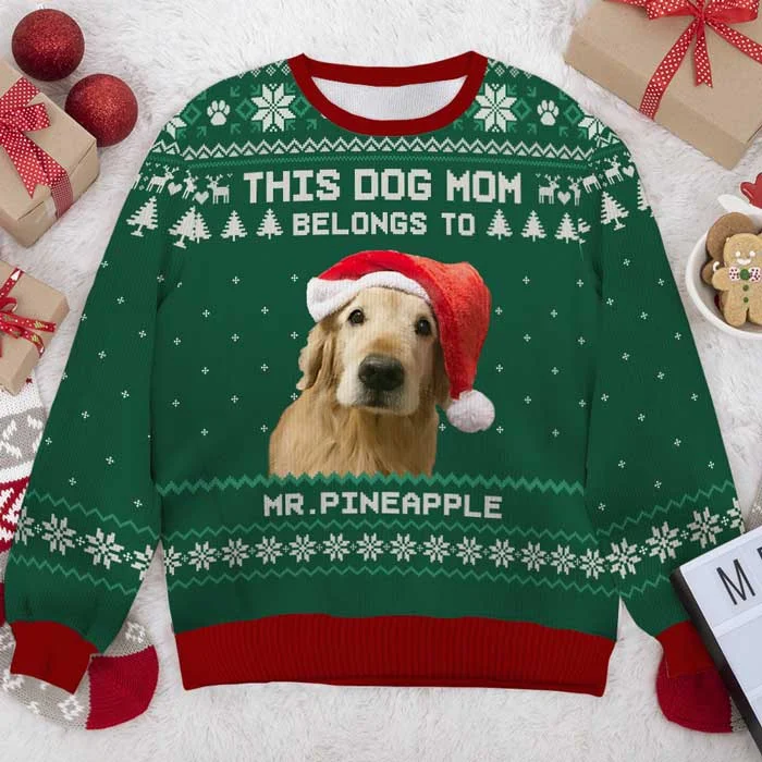 This Dog Mom Belongs To - Personalized Custom Unisex Ugly Christmas Sweatshirt, Wool Sweatshirt, All-Over-Print Sweatshirt - Upload Image, Gift For Dog Lovers, Pet Lovers, Christmas Gift